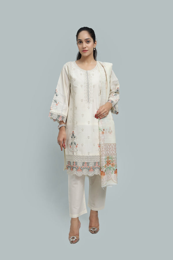 Stitched Embroidered Cotton 3-Piece Suit for Women | Easternlace