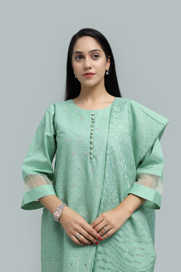Stitched Embroidered Cotton 3-Piece Suit for Women | Easternlace