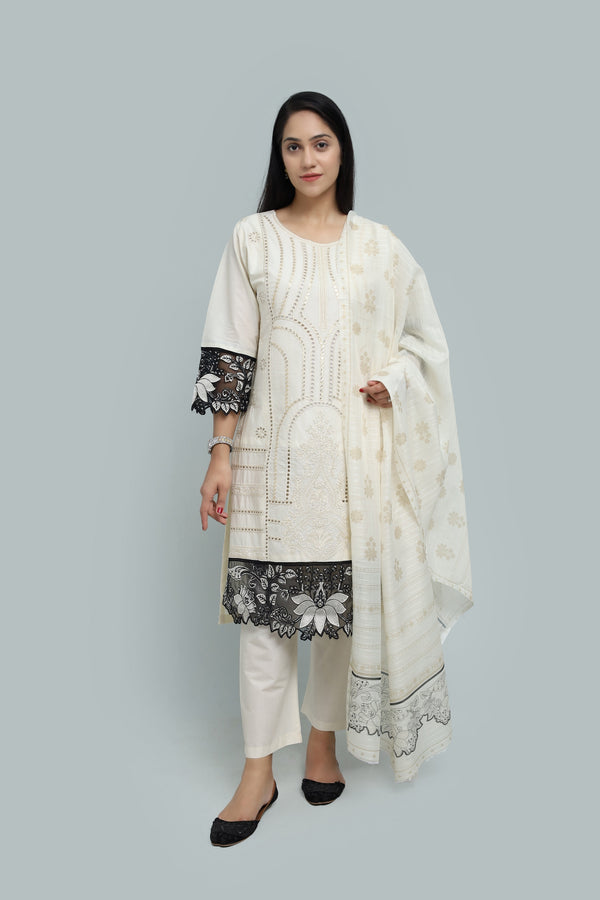 Stitched Embroidered Cotton 3-Piece Suit for Women | Easternlace
