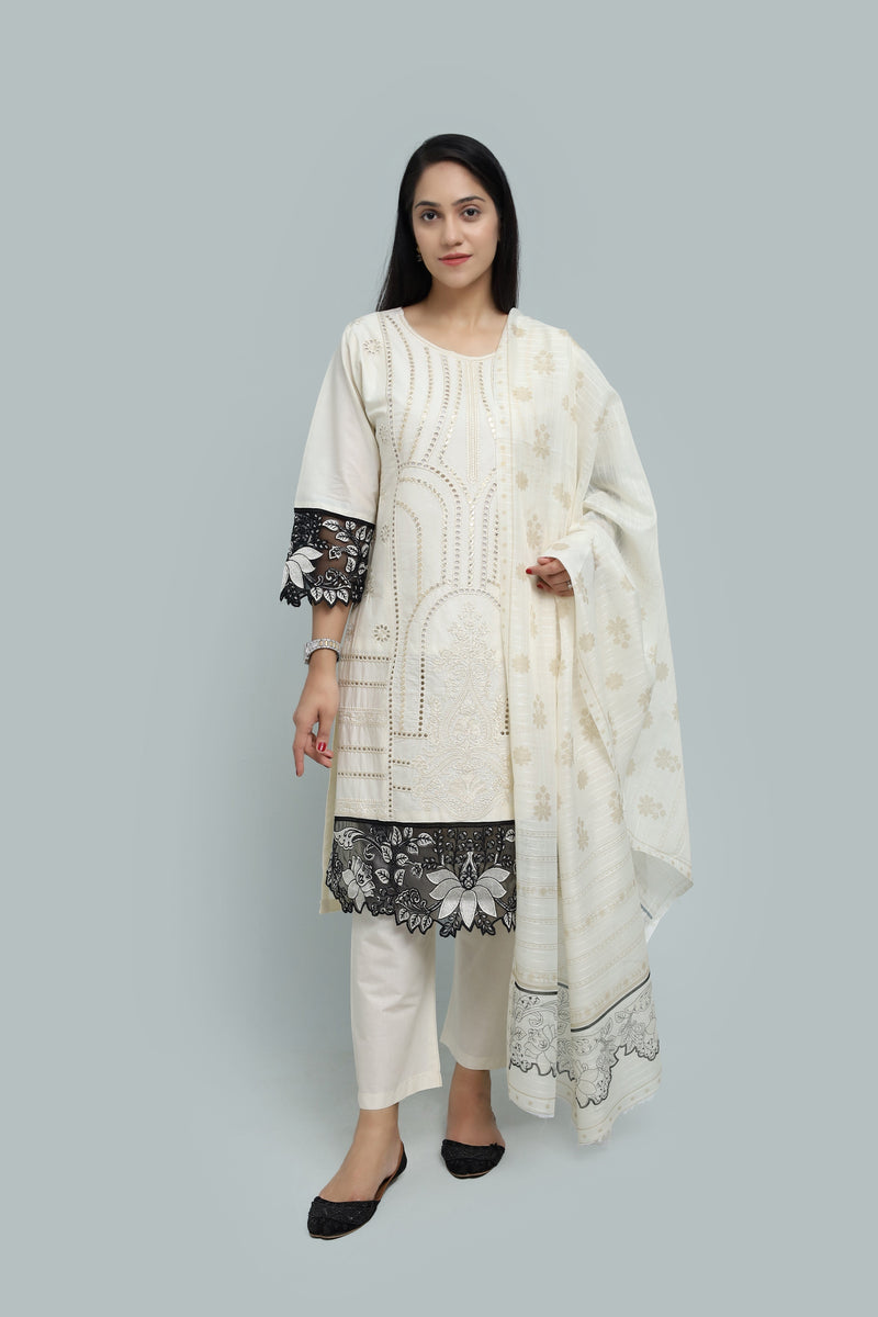 Stitched Embroidered Cotton 3-Piece Suit for Women | Easternlace