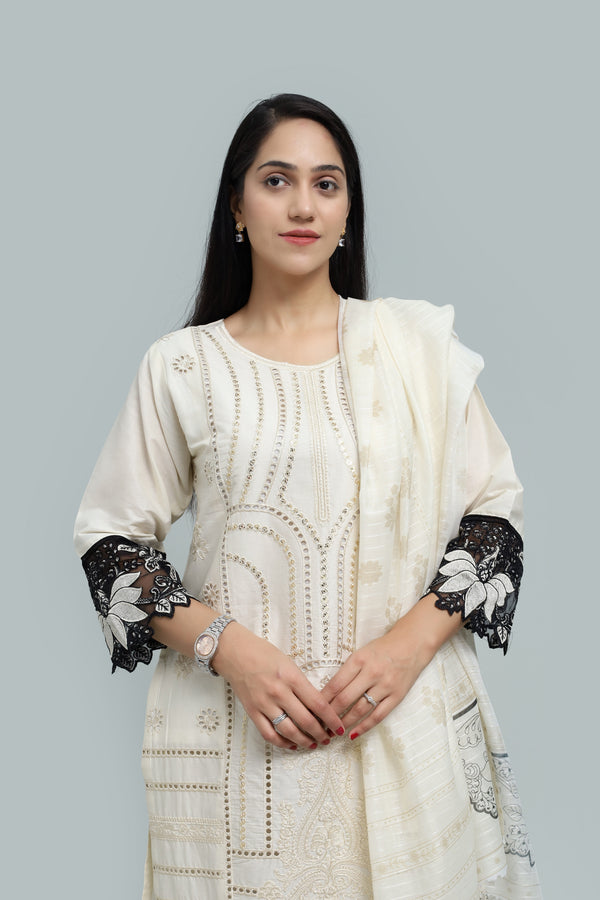 Stitched Embroidered Cotton 3-Piece Suit for Women | Easternlace