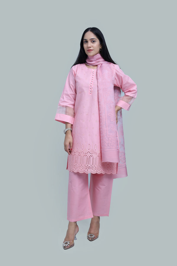 Stitched Embroidered Cotton 3-Piece Suit for Women | Easternlace